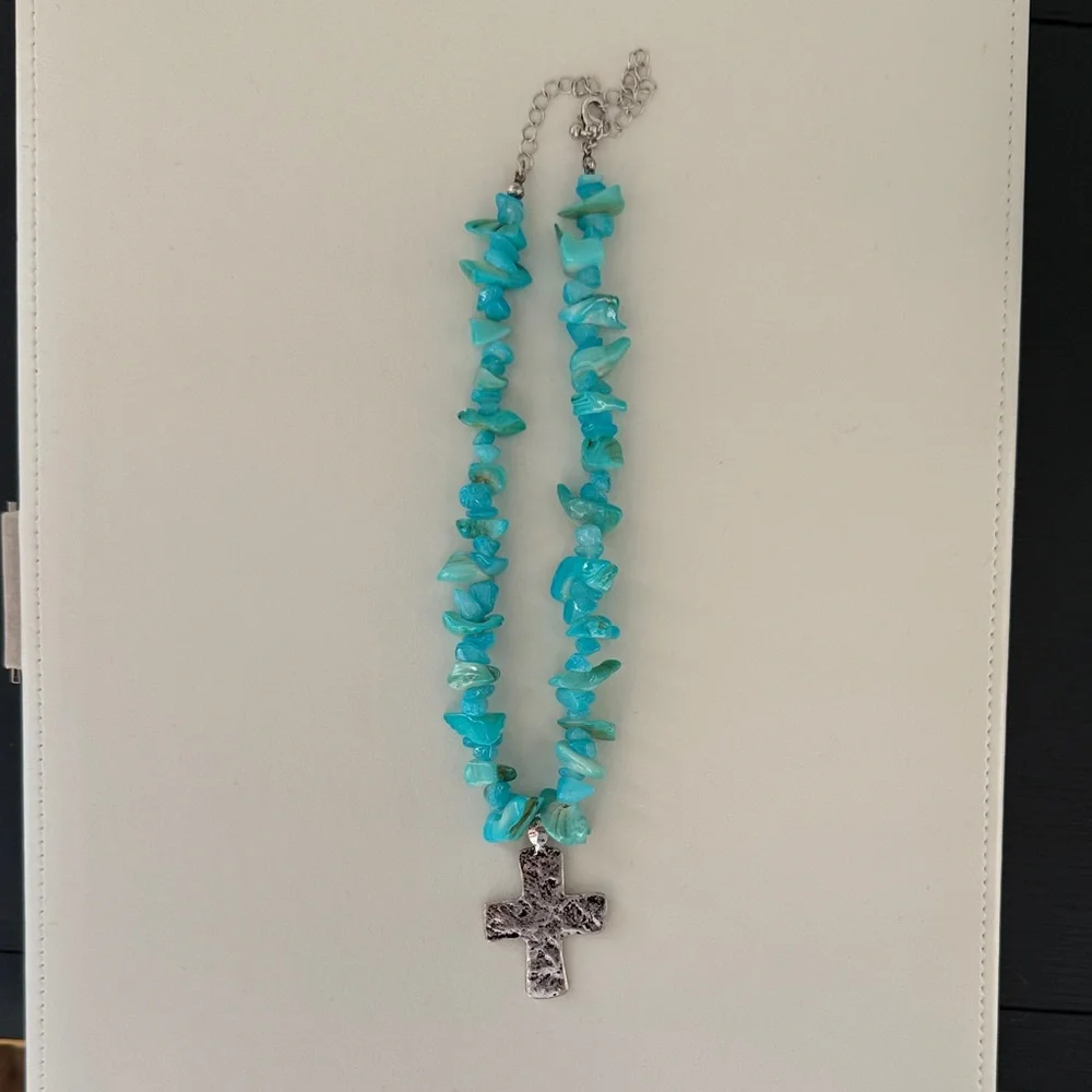 Free People “Supernova” Turquoise Necklace with Silver Cross - Picture 2 of 5